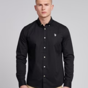 Mens Stretch Cotton Poplin Shirt Black Bright White DHM